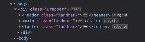 Section of the DOM from the Firefox Developer tools. It shows the document body element and its child, a div with a wrapper class. Subordinate to this are the three landmarks header, main and footer. The wrapper is marked as grid, the three landmarks as subgrid.