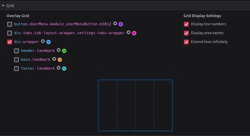 Screenshot showing checkboxes for overlay grid and grid display settings to make lines for a subgrid, or parent grid visible. The wrapper grid is selected.